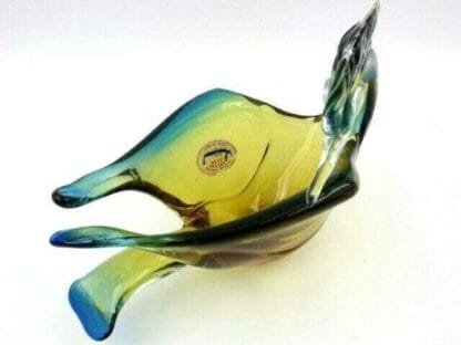 Murano sommerso Green amber blue art glass pelican swan duck bird bowl has label - Image 6