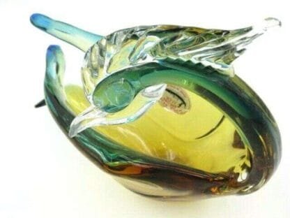 Murano sommerso Green amber blue art glass pelican swan duck bird bowl has label - Image 10