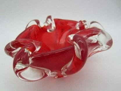 Murano art glass bowl sommerso red sculptural unusual ribbed body 1960s